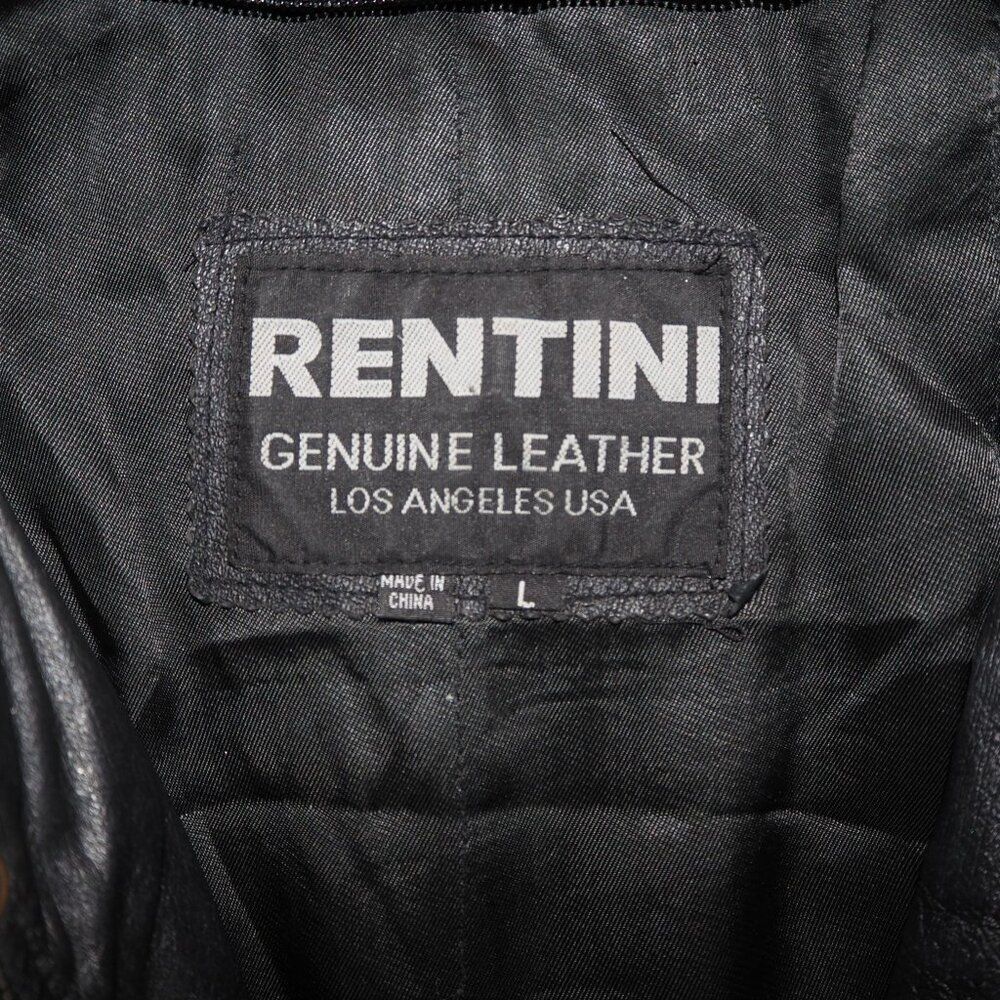 Rentini VTG Leather Grunge Punk Bomber Jacket "Sad Face" Men's L Black / White - Picture 7 of 10